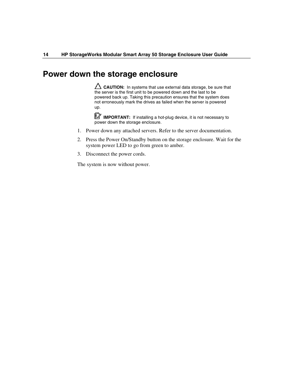 Power down the storage enclosure | HP 50 Modular Smart Array User Manual | Page 14 / 63