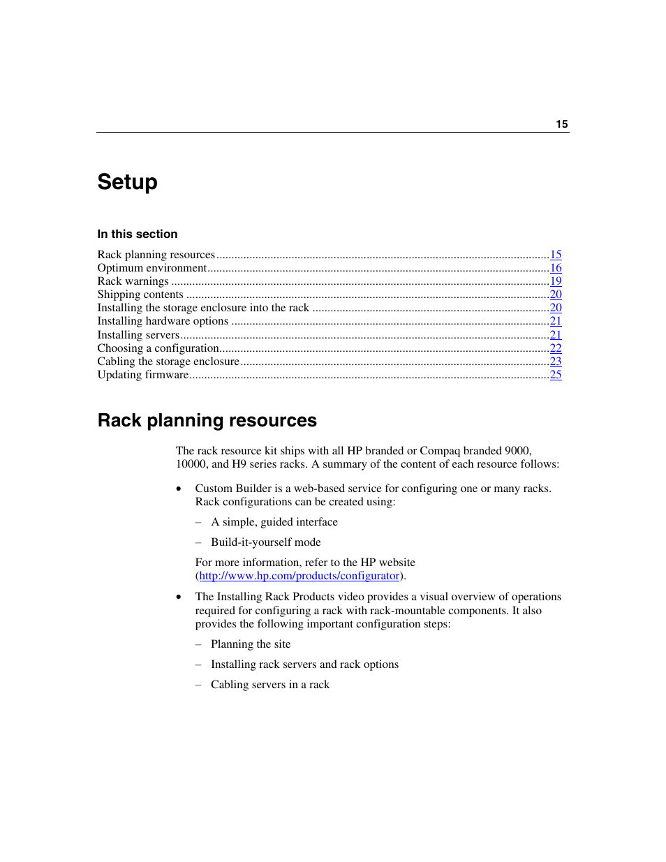 Setup, Rack planning resources, Setup 15 | HP 50 Modular Smart Array User Manual | Page 15 / 63