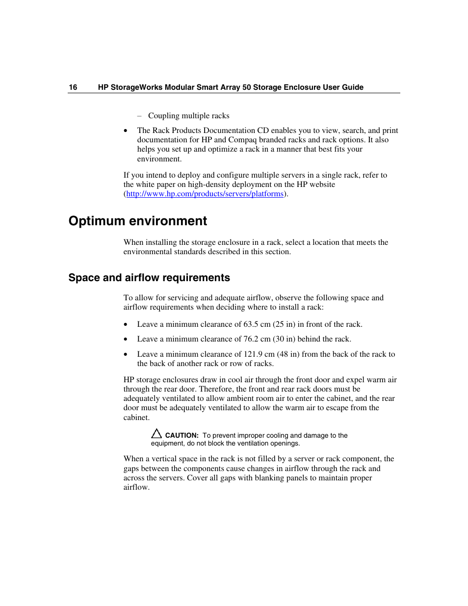 Optimum environment, Space and airflow requirements | HP 50 Modular Smart Array User Manual | Page 16 / 63
