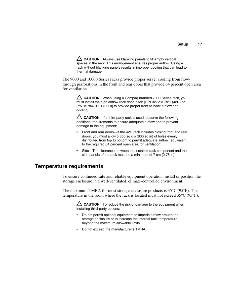 Temperature requirements | HP 50 Modular Smart Array User Manual | Page 17 / 63