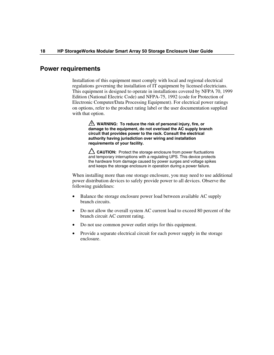 Power requirements | HP 50 Modular Smart Array User Manual | Page 18 / 63