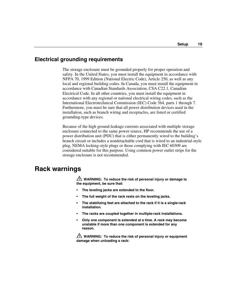 Electrical grounding requirements, Rack warnings | HP 50 Modular Smart Array User Manual | Page 19 / 63