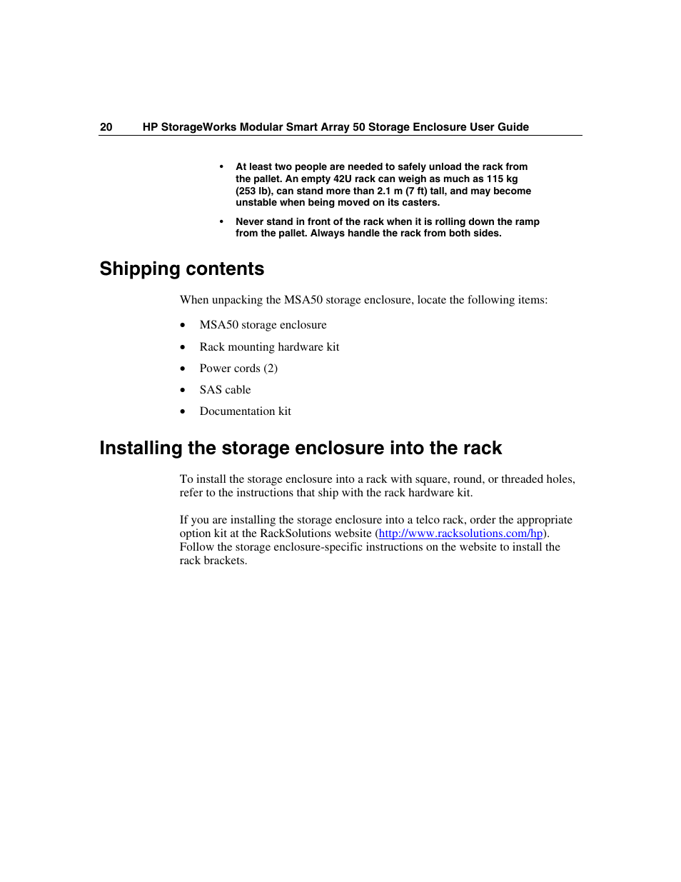 Shipping contents, Installing the storage enclosure into the rack | HP 50 Modular Smart Array User Manual | Page 20 / 63