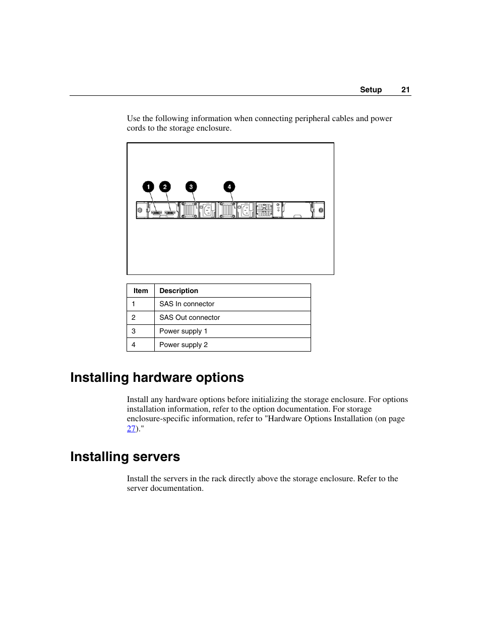 Installing hardware options, Installing servers | HP 50 Modular Smart Array User Manual | Page 21 / 63