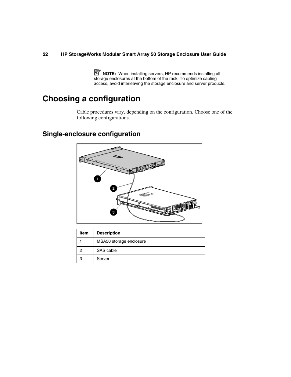 Choosing a configuration, Single-enclosure configuration | HP 50 Modular Smart Array User Manual | Page 22 / 63