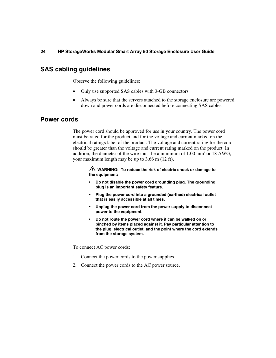 Sas cabling guidelines, Power cords | HP 50 Modular Smart Array User Manual | Page 24 / 63