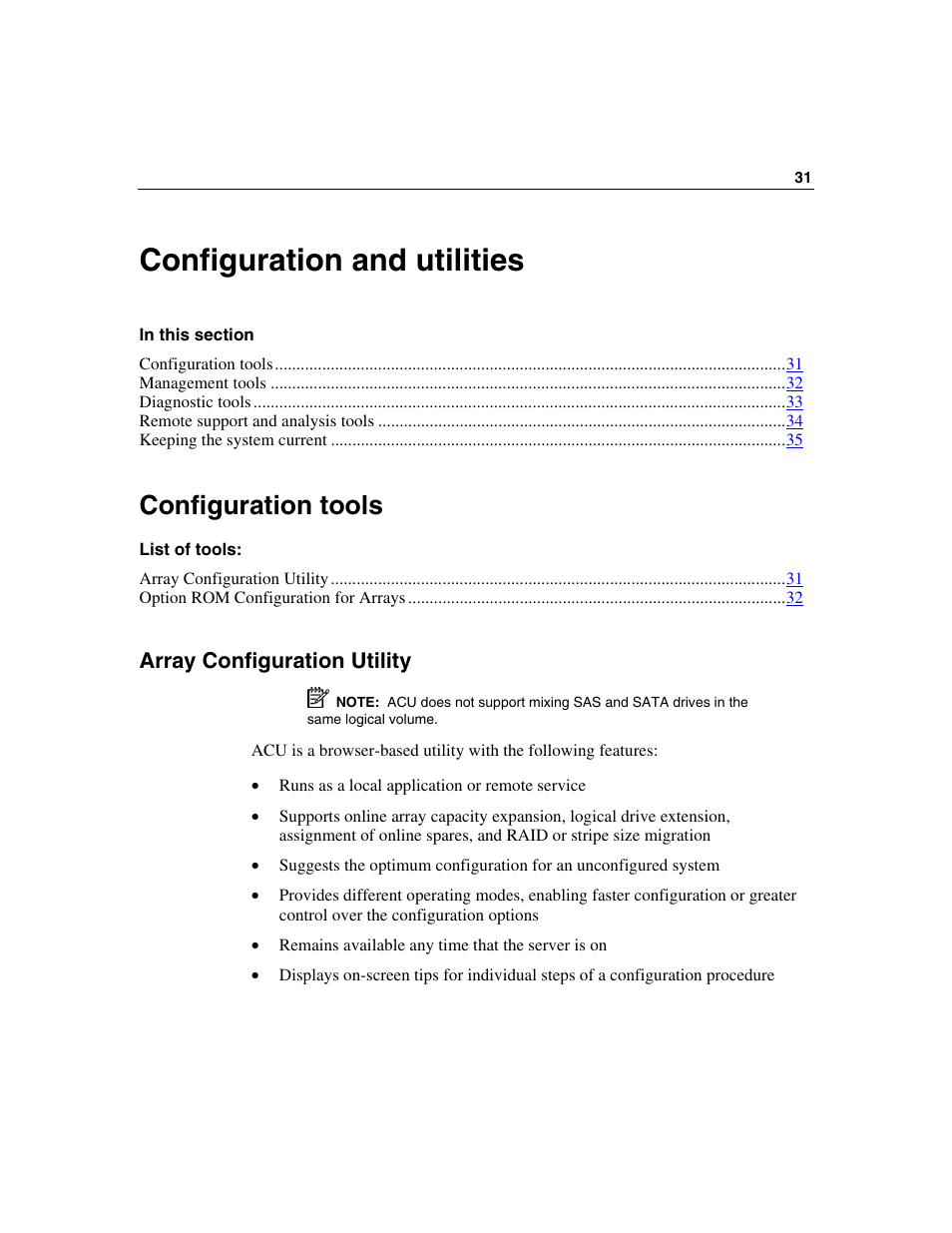 Configuration and utilities, Configuration tools, Array configuration utility | HP 50 Modular Smart Array User Manual | Page 31 / 63