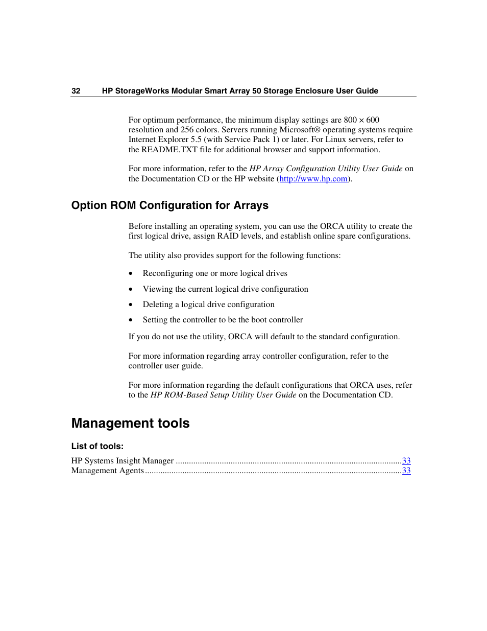 Option rom configuration for arrays, Management tools | HP 50 Modular Smart Array User Manual | Page 32 / 63