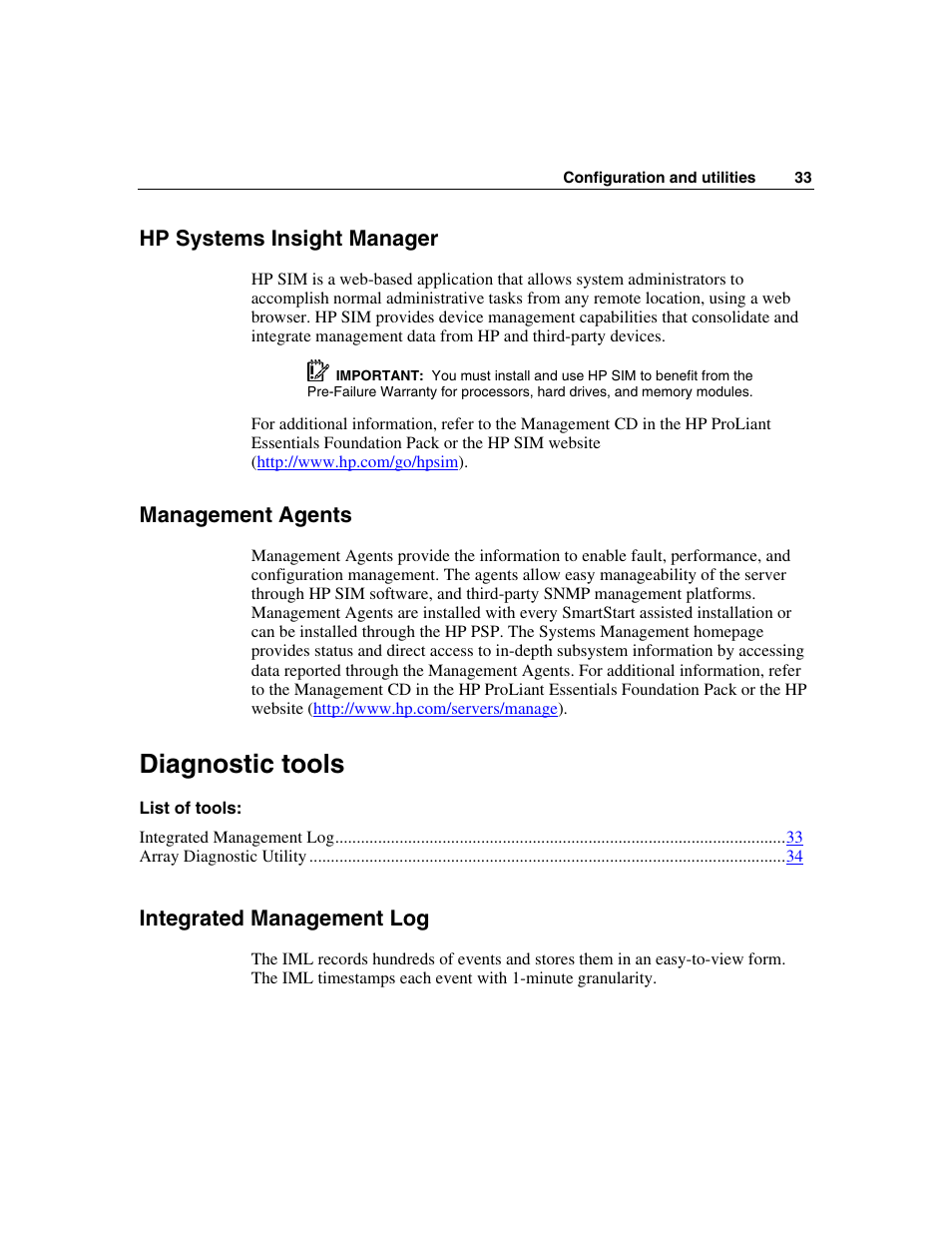 Hp systems insight manager, Management agents, Diagnostic tools | Integrated management log | HP 50 Modular Smart Array User Manual | Page 33 / 63