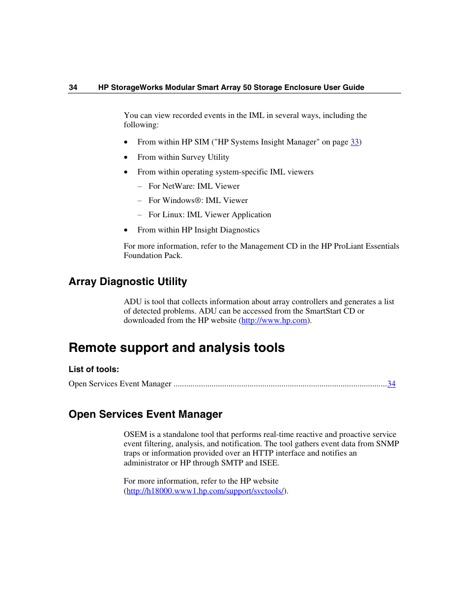 Array diagnostic utility, Remote support and analysis tools, Open services event manager | HP 50 Modular Smart Array User Manual | Page 34 / 63