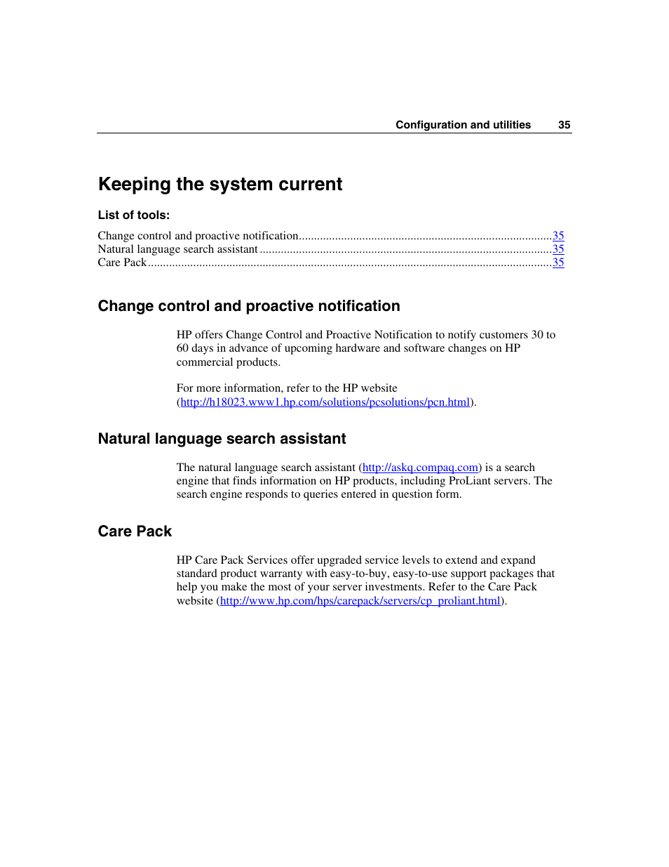 Keeping the system current, Change control and proactive notification, Natural language search assistant | Care pack | HP 50 Modular Smart Array User Manual | Page 35 / 63