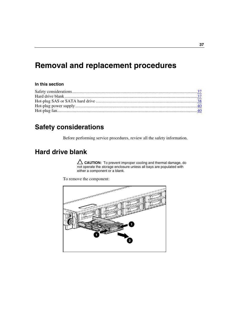 Removal and replacement procedures, Safety considerations, Hard drive blank | HP 50 Modular Smart Array User Manual | Page 37 / 63