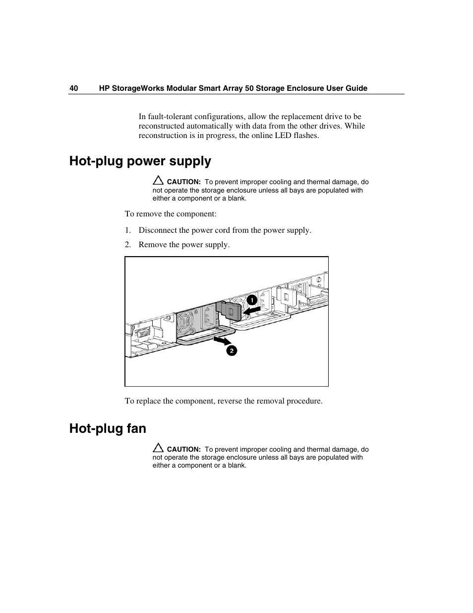 Hot-plug power supply, Hot-plug fan | HP 50 Modular Smart Array User Manual | Page 40 / 63