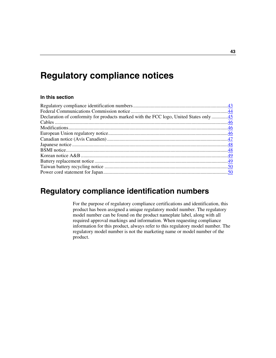 Regulatory compliance notices, Regulatory compliance identification numbers | HP 50 Modular Smart Array User Manual | Page 43 / 63