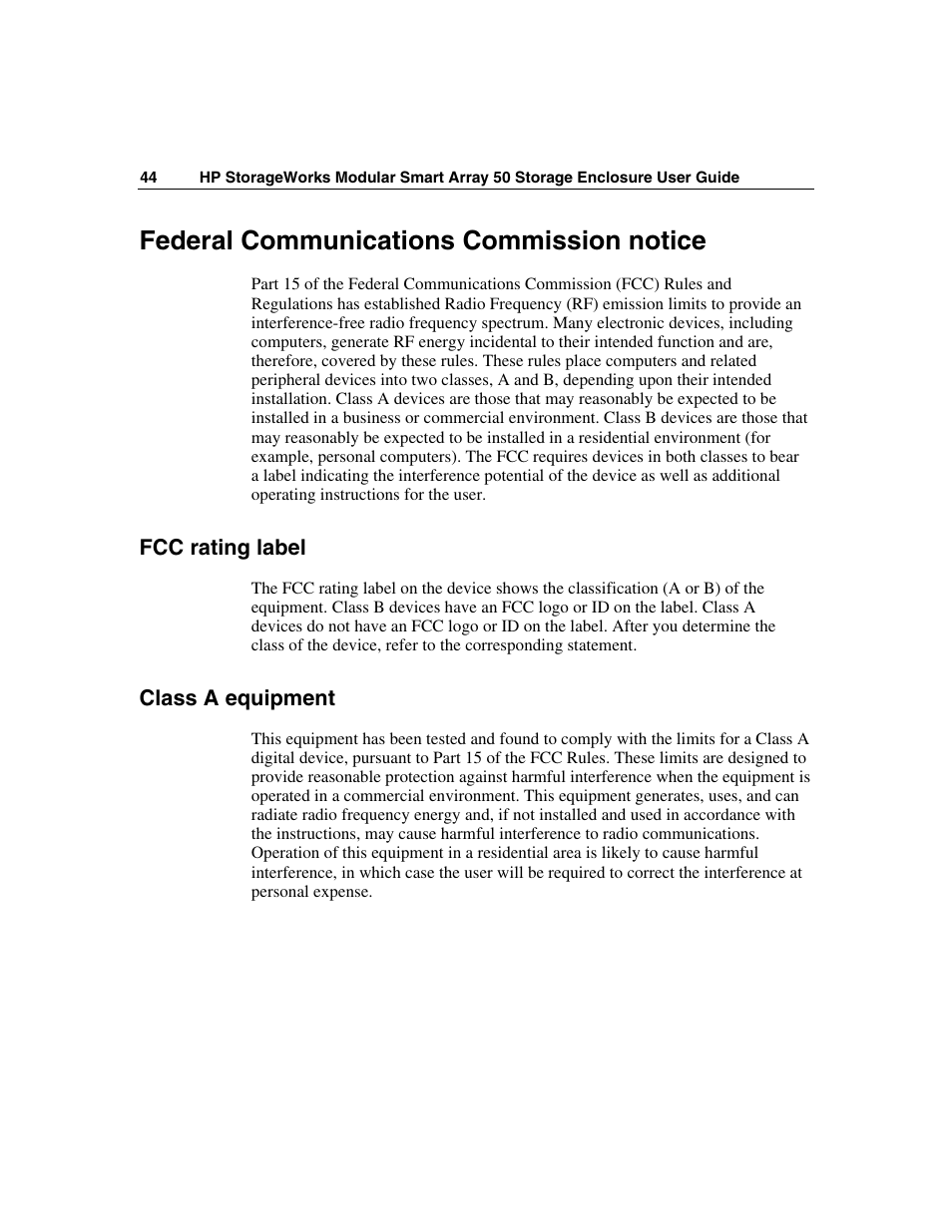 Federal communications commission notice, Fcc rating label, Class a equipment | HP 50 Modular Smart Array User Manual | Page 44 / 63