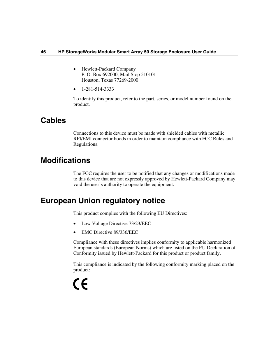 Cables, Modifications, European union regulatory notice | HP 50 Modular Smart Array User Manual | Page 46 / 63