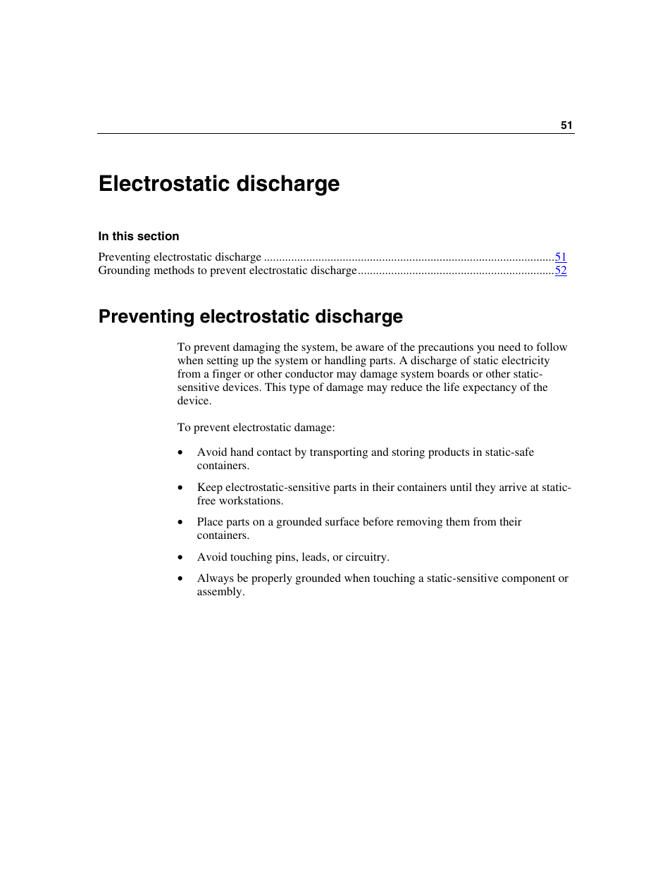 Electrostatic discharge, Preventing electrostatic discharge | HP 50 Modular Smart Array User Manual | Page 51 / 63