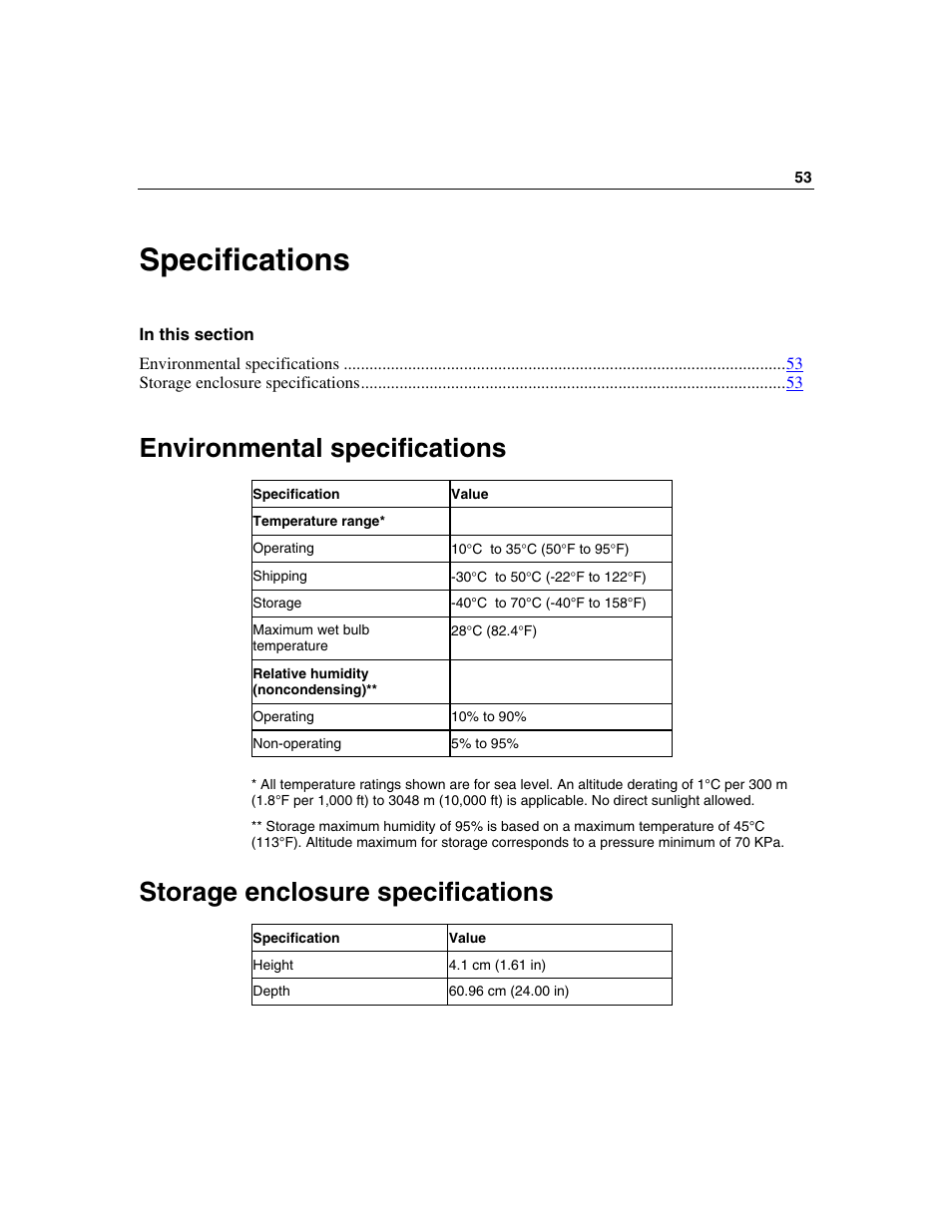 Specifications, Environmental specifications, Storage enclosure specifications | Specifications 53 | HP 50 Modular Smart Array User Manual | Page 53 / 63