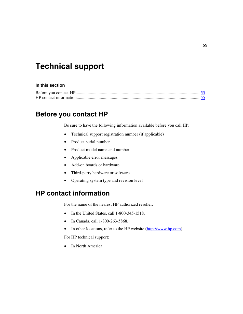 Technical support, Before you contact hp, Hp contact information | HP 50 Modular Smart Array User Manual | Page 55 / 63