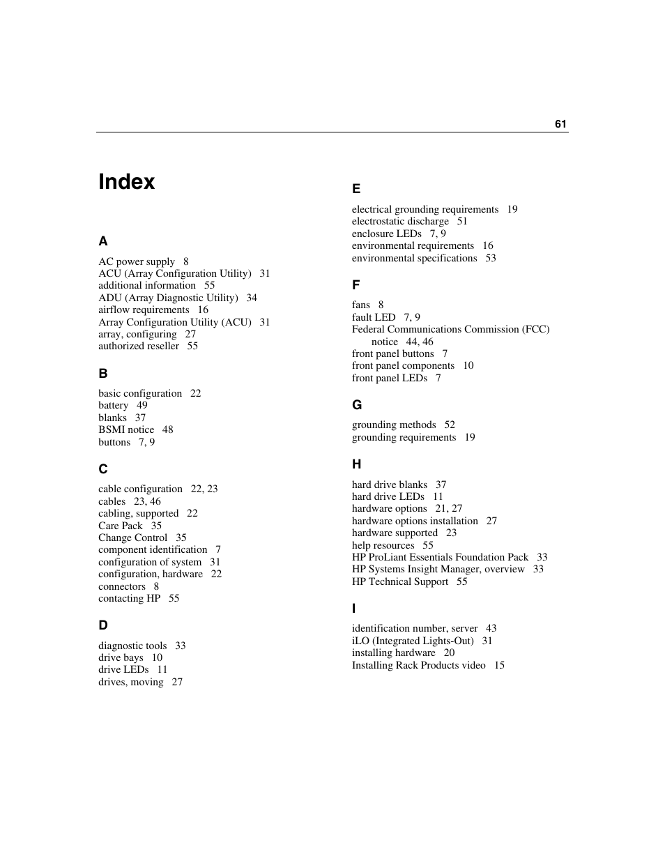 Index | HP 50 Modular Smart Array User Manual | Page 61 / 63