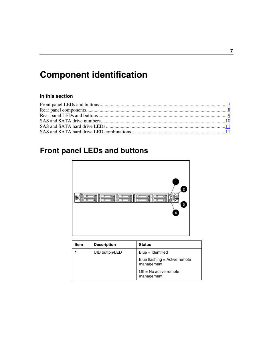 Component identification, Front panel leds and buttons | HP 50 Modular Smart Array User Manual | Page 7 / 63