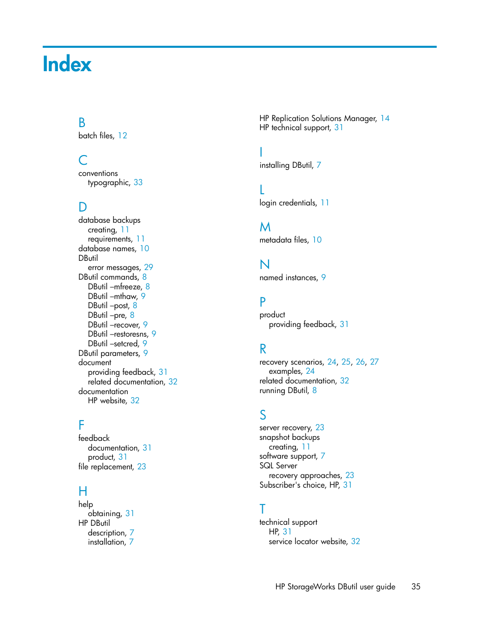 Index | HP P6000 Continuous Access Software User Manual | Page 35 / 36
