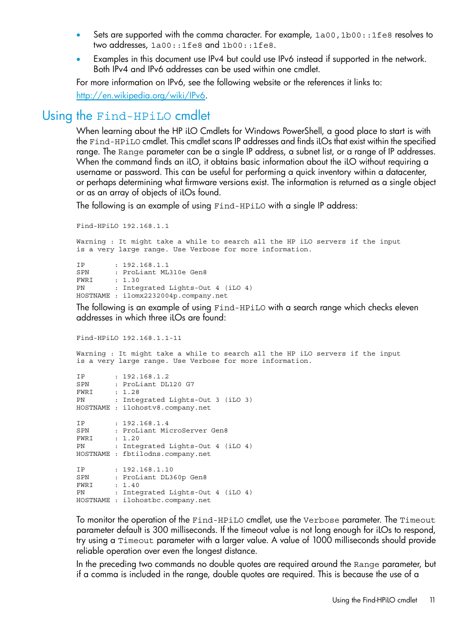 Using the find-hpilo cmdlet | HP Scripting Tools for Windows PowerShell User Manual | Page 11 / 25