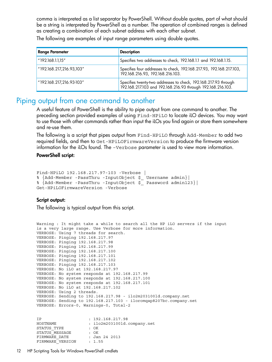 Piping output from one command to another | HP Scripting Tools for Windows PowerShell User Manual | Page 12 / 25