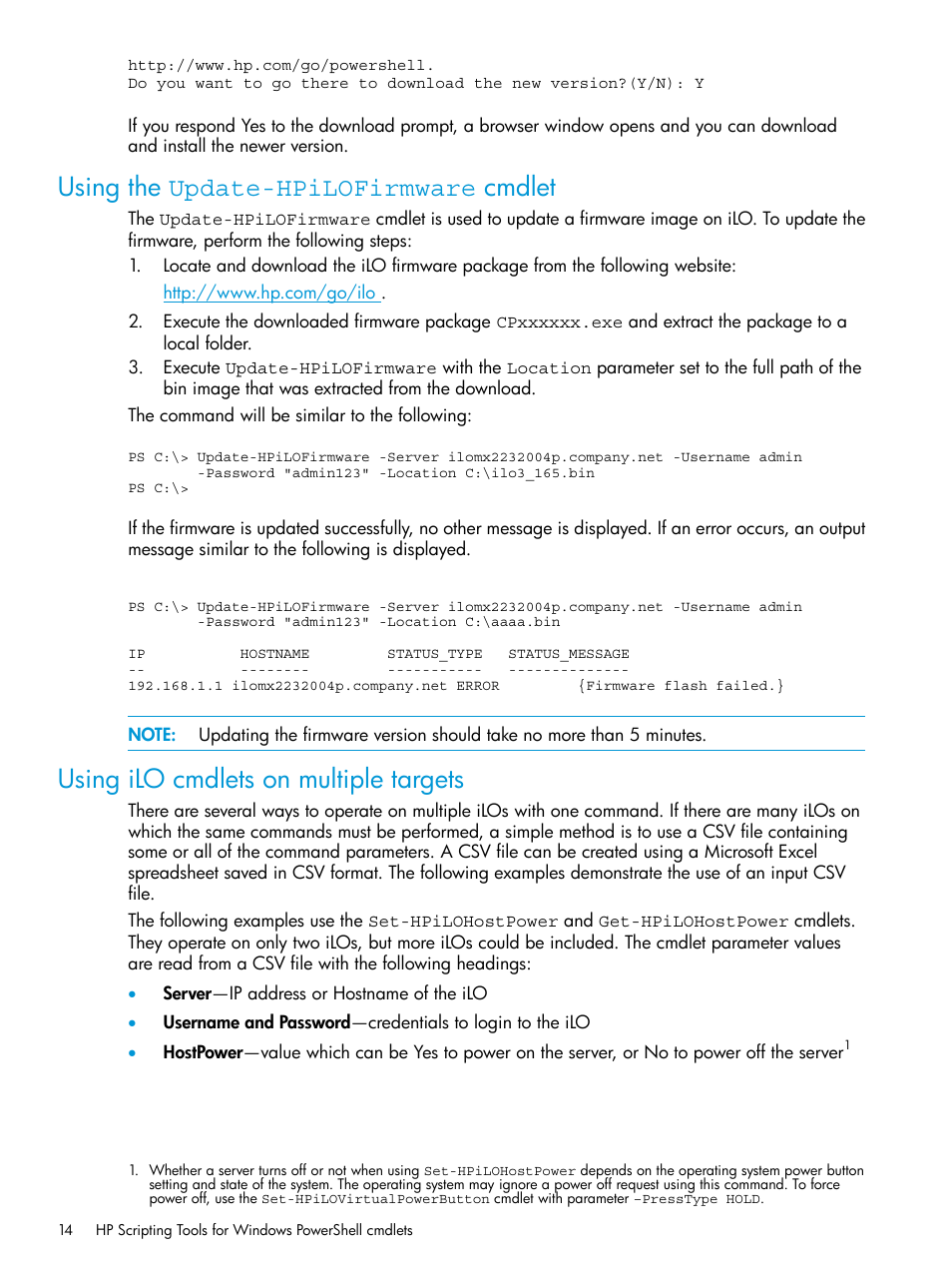 Using the update-hpilofirmware cmdlet, Using ilo cmdlets on multiple targets | HP Scripting Tools for Windows PowerShell User Manual | Page 14 / 25