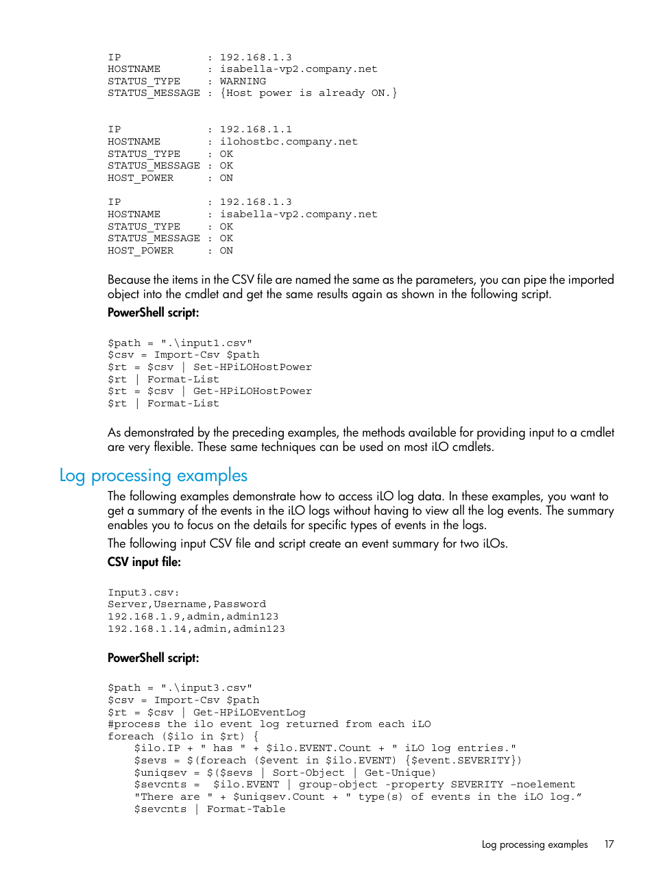 Log processing examples | HP Scripting Tools for Windows PowerShell User Manual | Page 17 / 25