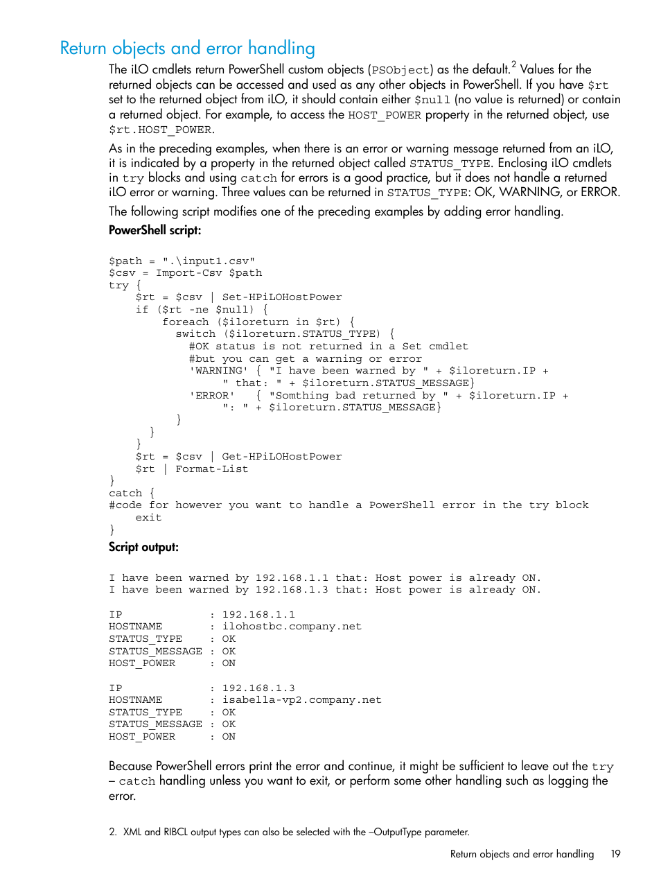 Return objects and error handling | HP Scripting Tools for Windows PowerShell User Manual | Page 19 / 25