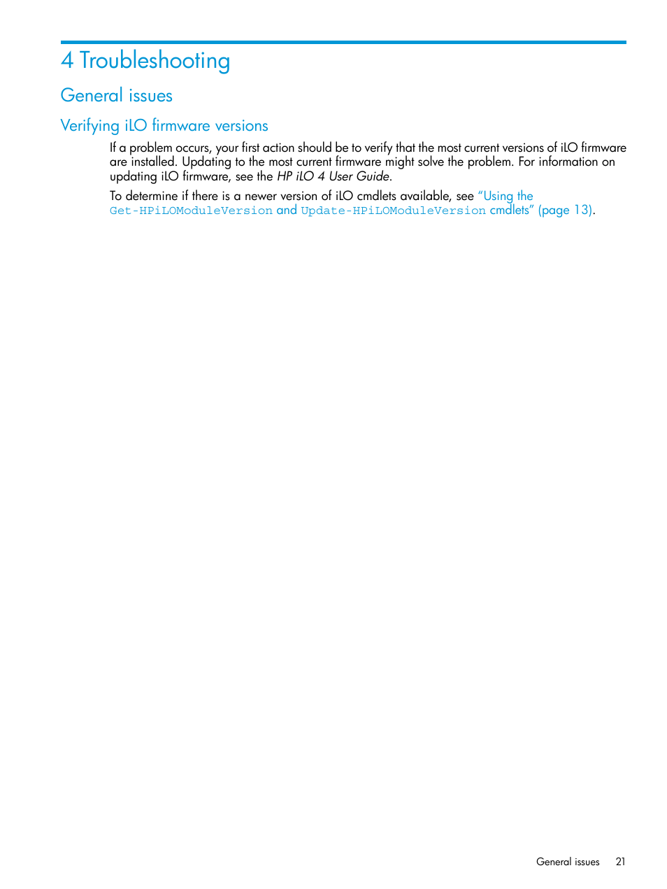 4 troubleshooting, General issues, Verifying ilo firmware versions | HP Scripting Tools for Windows PowerShell User Manual | Page 21 / 25