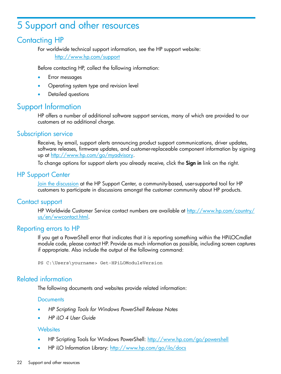 5 support and other resources, Contacting hp, Support information | Subscription service, Hp support center, Contact support, Reporting errors to hp, Related information, Contacting hp support information | HP Scripting Tools for Windows PowerShell User Manual | Page 22 / 25