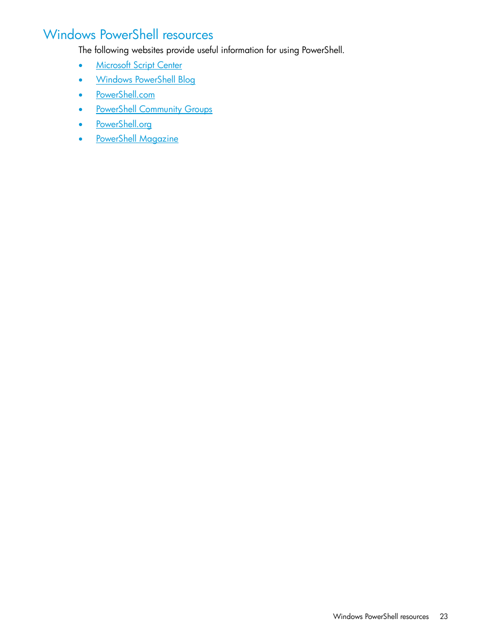 Windows powershell resources | HP Scripting Tools for Windows PowerShell User Manual | Page 23 / 25