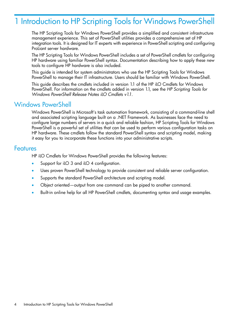 Windows powershell, Features, Windows powershell features | HP Scripting Tools for Windows PowerShell User Manual | Page 4 / 25