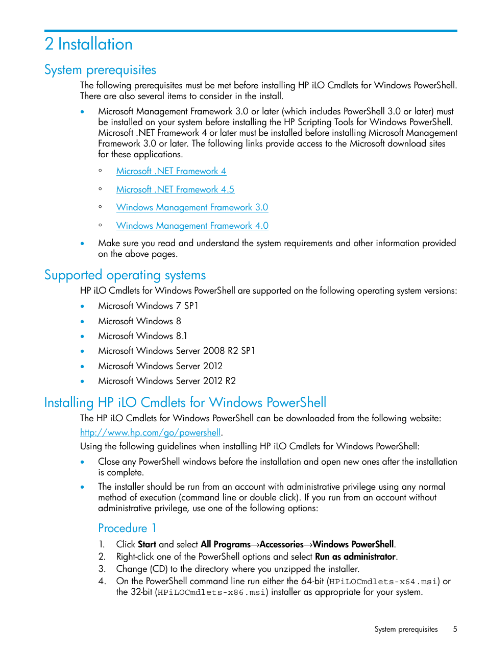 2 installation, System prerequisites, Supported operating systems | Installing hp ilo cmdlets for windows powershell, Procedure 1 | HP Scripting Tools for Windows PowerShell User Manual | Page 5 / 25