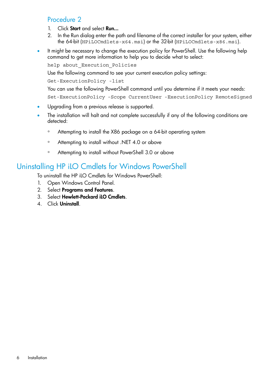 Uninstalling hp ilo cmdlets for windows powershell, Procedure 2 | HP Scripting Tools for Windows PowerShell User Manual | Page 6 / 25