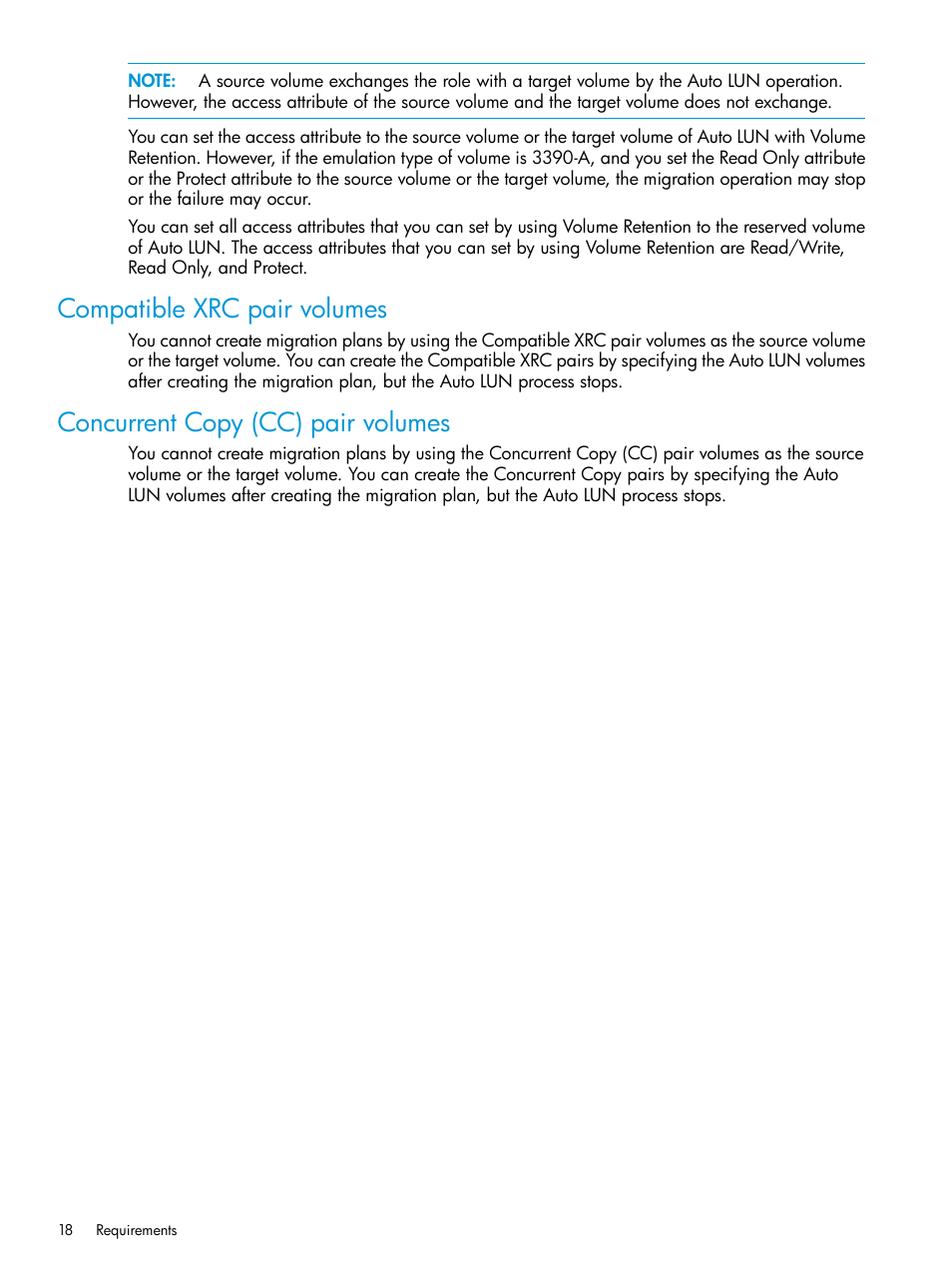 Compatible xrc pair volumes, Concurrent copy (cc) pair volumes | HP XP Racks User Manual | Page 18 / 56