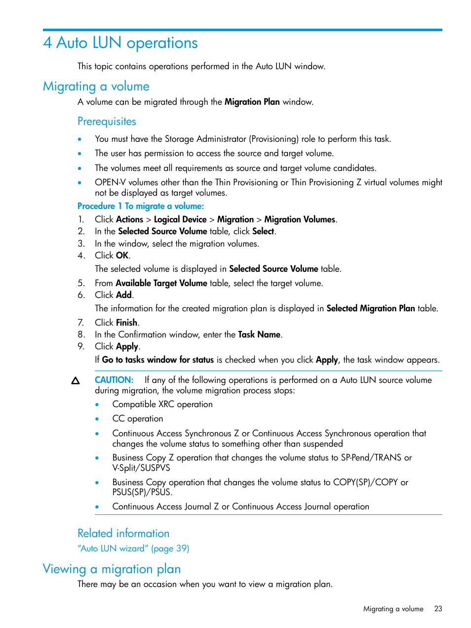 4 auto lun operations, Migrating a volume, Viewing a migration plan | Migrating a volume viewing a migration plan, Prerequisites, Related information | HP XP Racks User Manual | Page 23 / 56