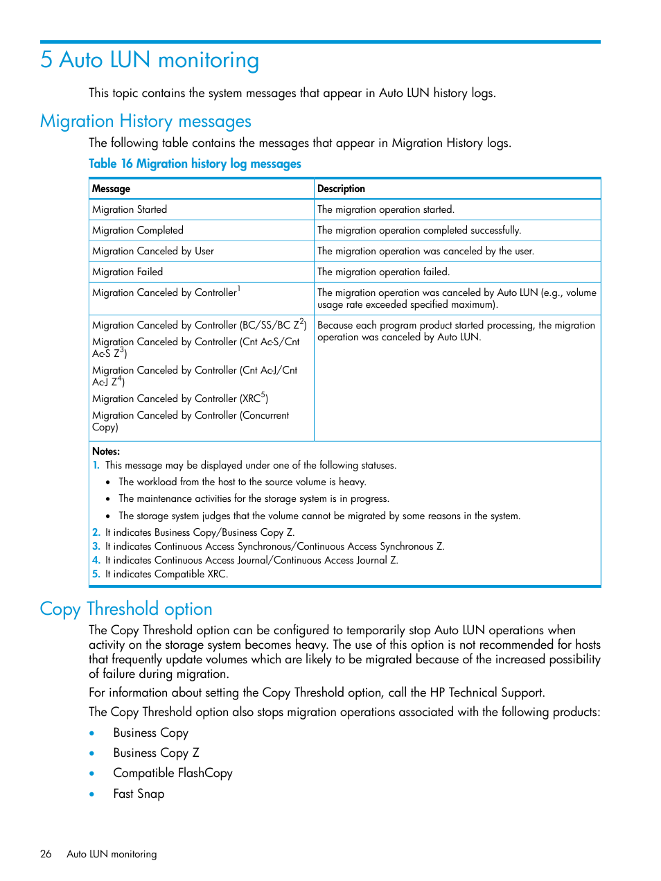 5 auto lun monitoring, Migration history messages, Copy threshold option | Migration history messages copy threshold option | HP XP Racks User Manual | Page 26 / 56