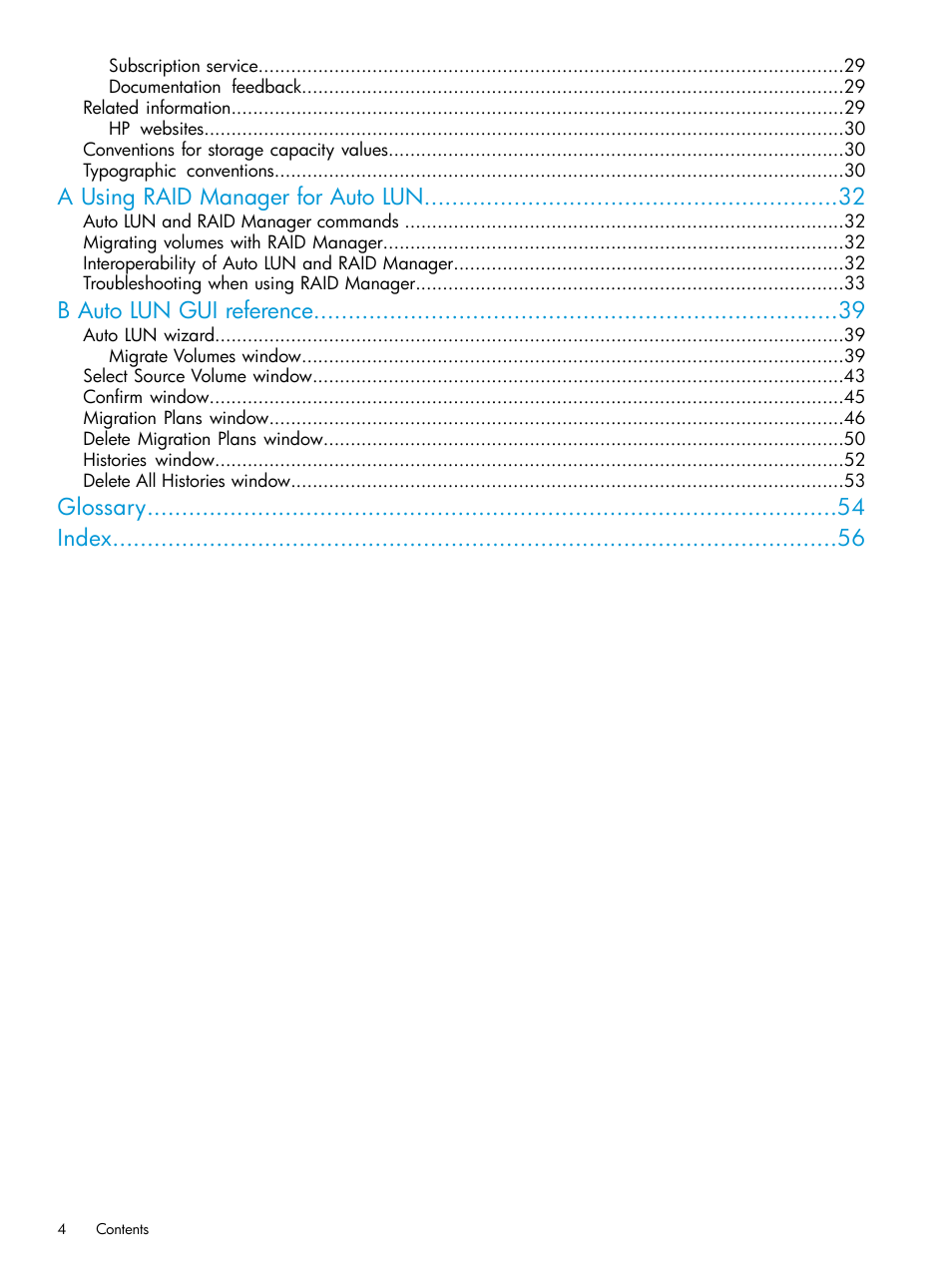 A using raid manager for auto lun, B auto lun gui reference, Glossary index | HP XP Racks User Manual | Page 4 / 56