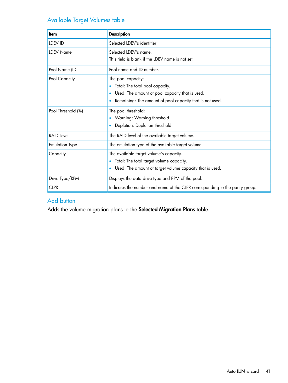 Available target volumes table, Add button | HP XP Racks User Manual | Page 41 / 56