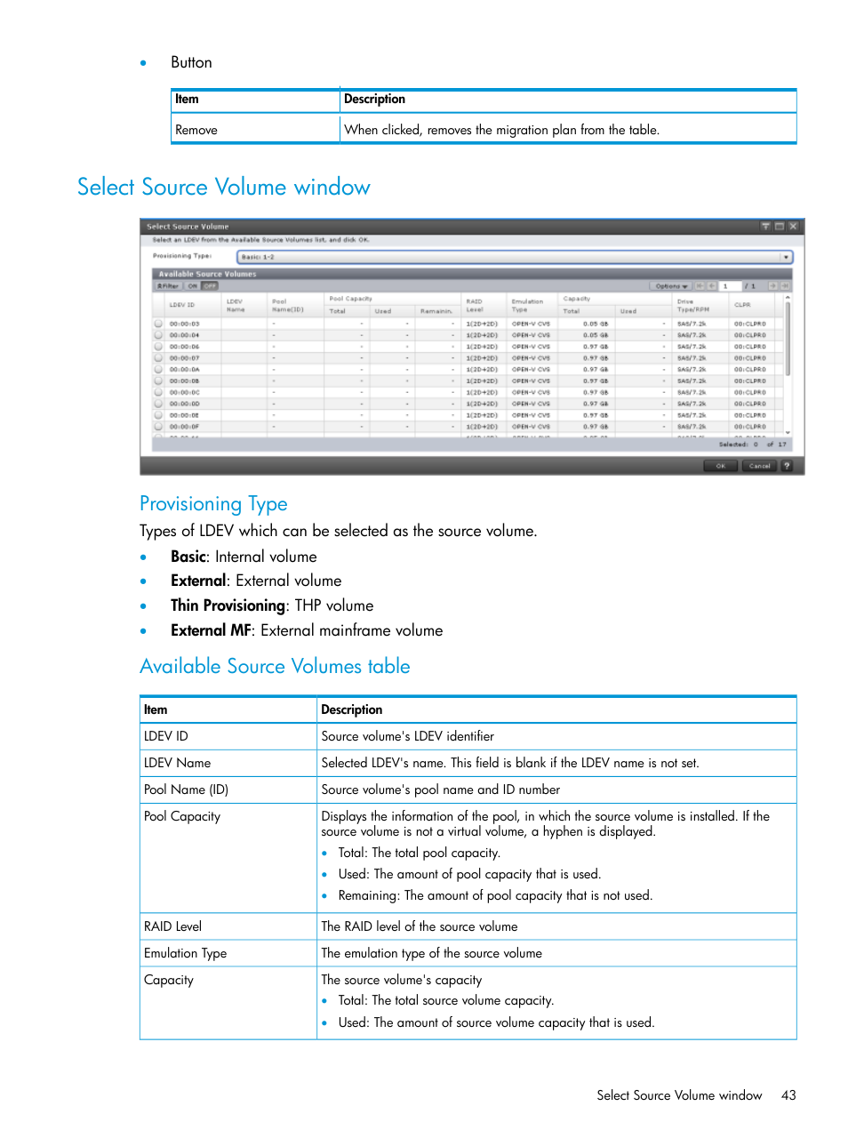 Select source volume window, Provisioning type, Available source volumes table | HP XP Racks User Manual | Page 43 / 56