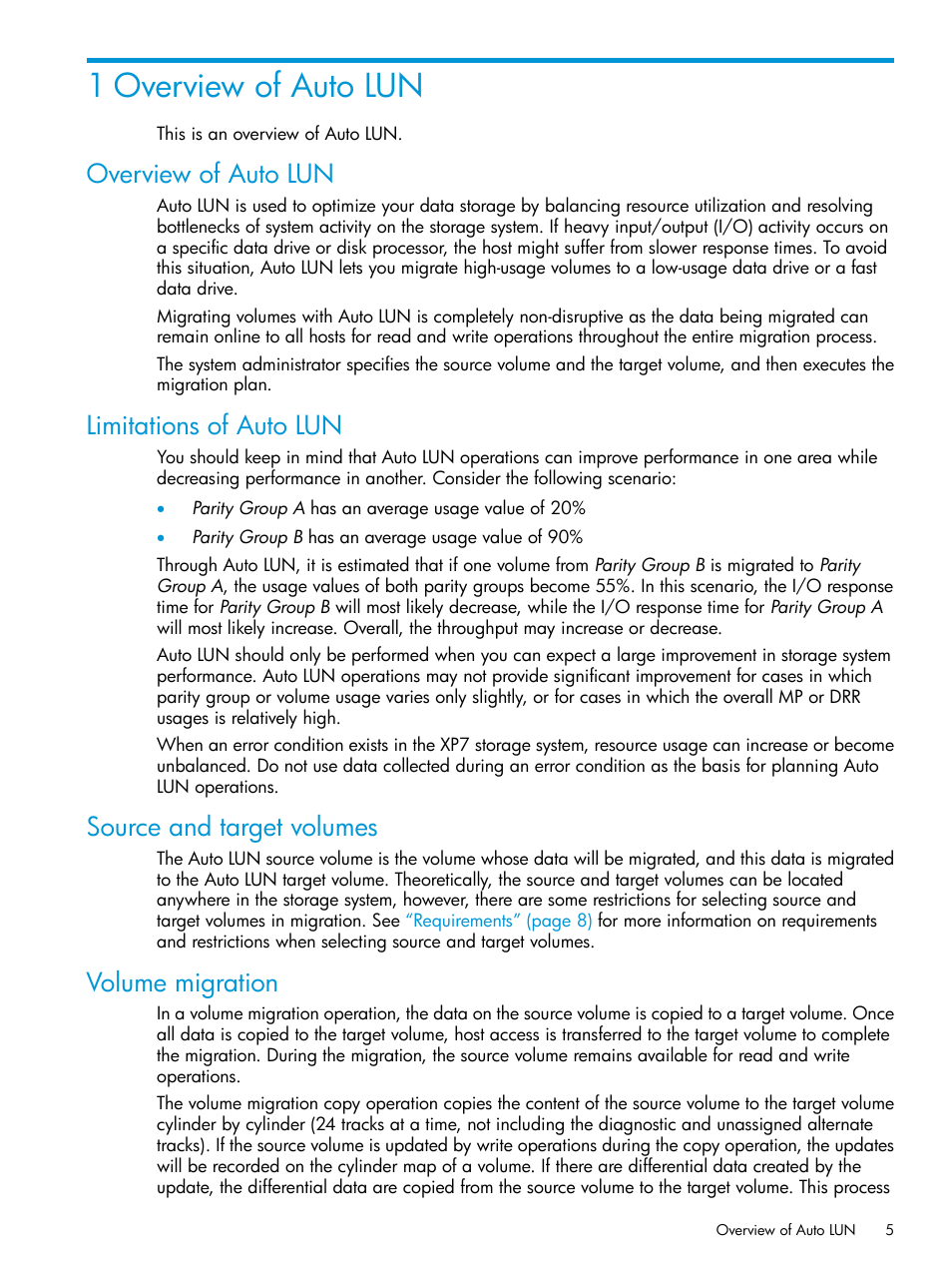 1 overview of auto lun, Overview of auto lun, Limitations of auto lun | Source and target volumes, Volume migration | HP XP Racks User Manual | Page 5 / 56