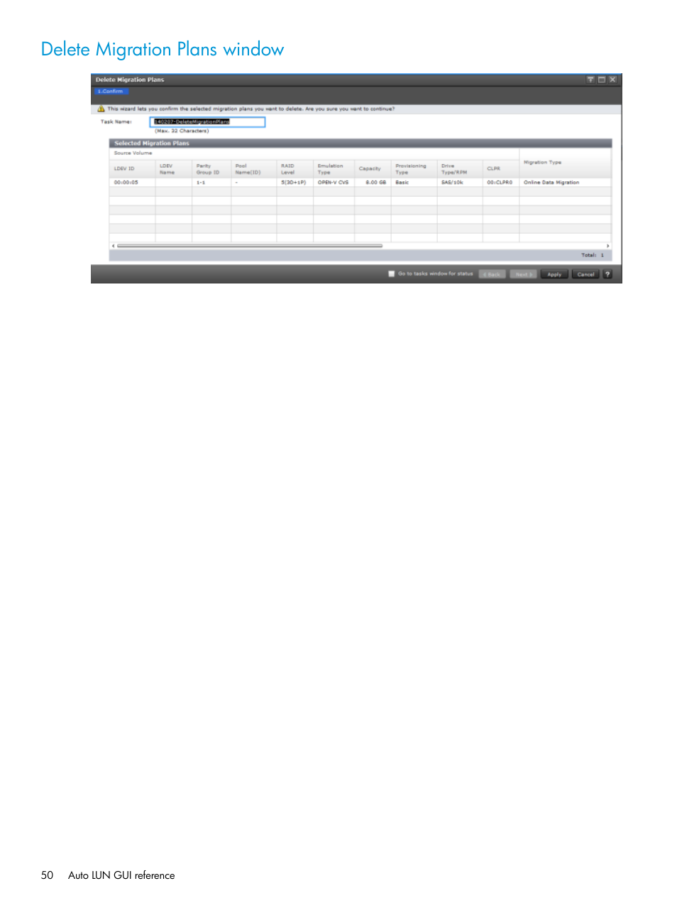 Delete migration plans window | HP XP Racks User Manual | Page 50 / 56