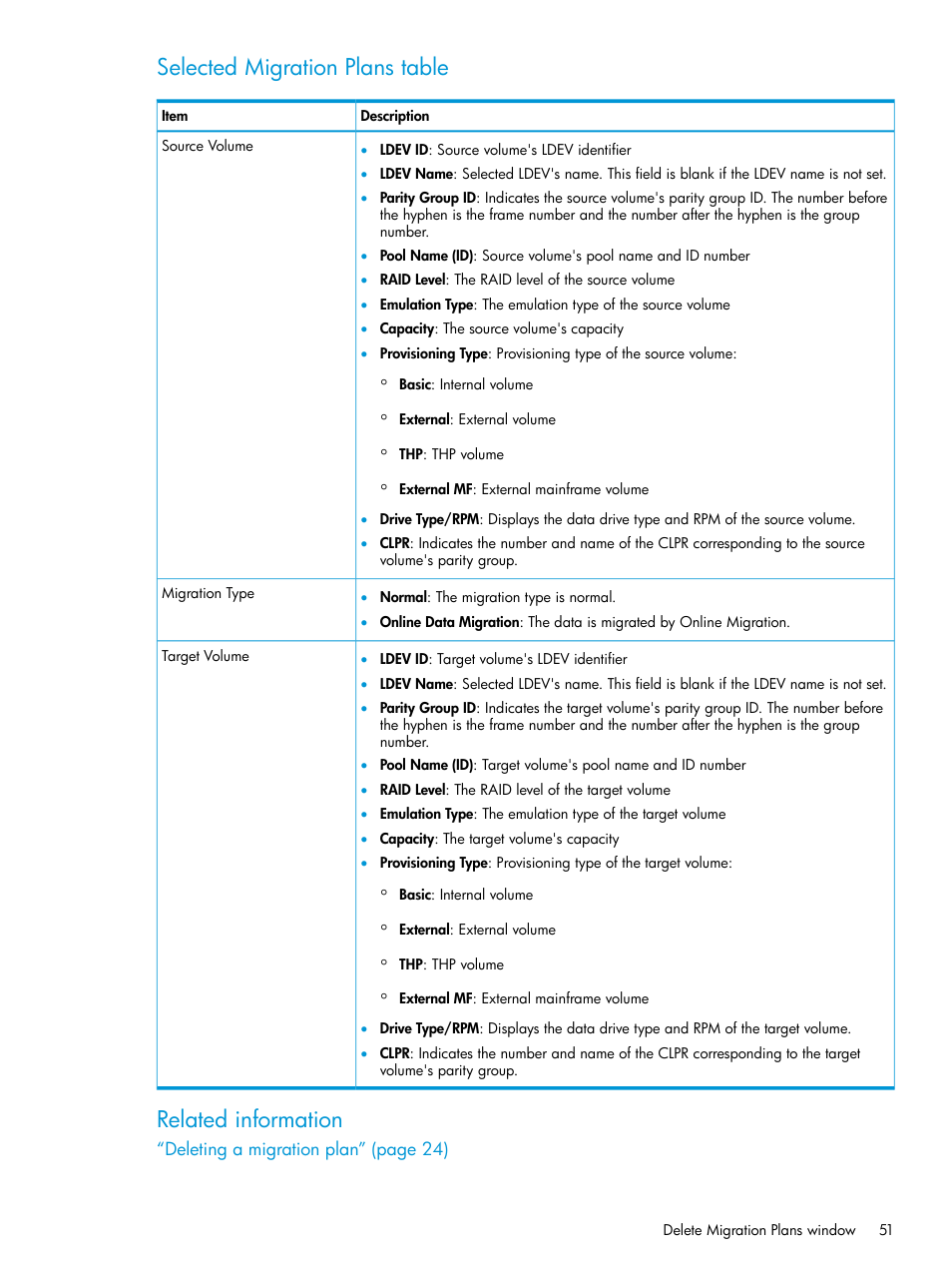 Selected migration plans table, Related information | HP XP Racks User Manual | Page 51 / 56