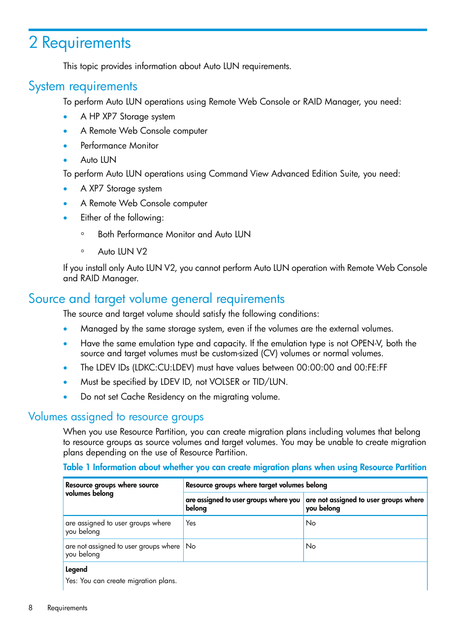 2 requirements, System requirements, Source and target volume general requirements | Volumes assigned to resource groups | HP XP Racks User Manual | Page 8 / 56