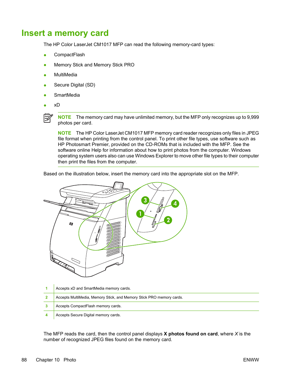 Insert a memory card | HP Color LaserJet CM1015CM1017 Multifunction Printer series User Manual | Page 102 / 264