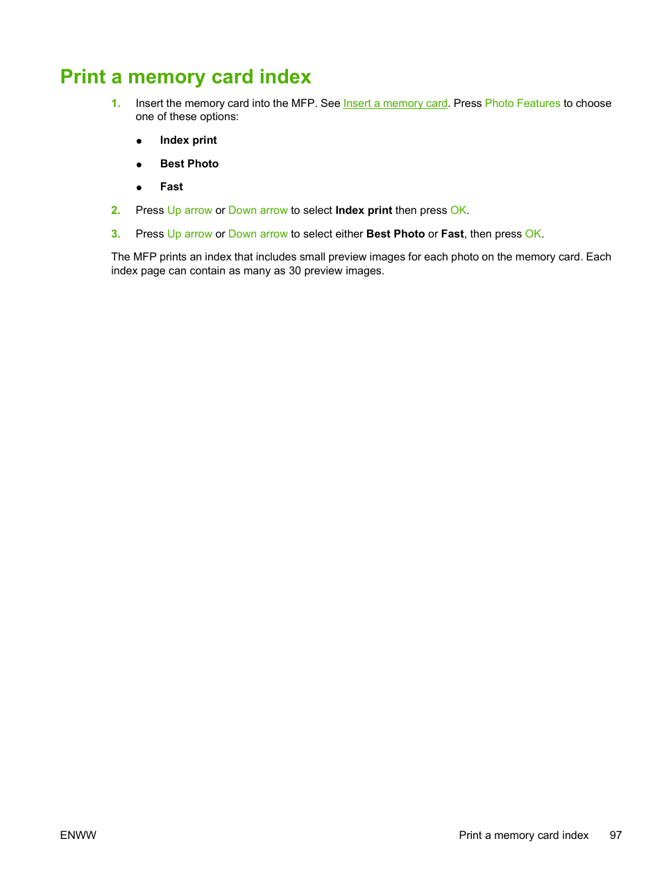Print a memory card index | HP Color LaserJet CM1015CM1017 Multifunction Printer series User Manual | Page 111 / 264