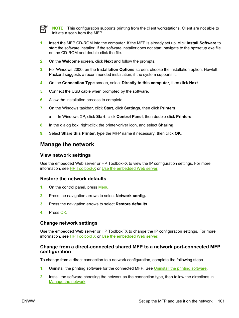 Manage the network, View network settings, Restore the network defaults | Change network settings | HP Color LaserJet CM1015CM1017 Multifunction Printer series User Manual | Page 115 / 264